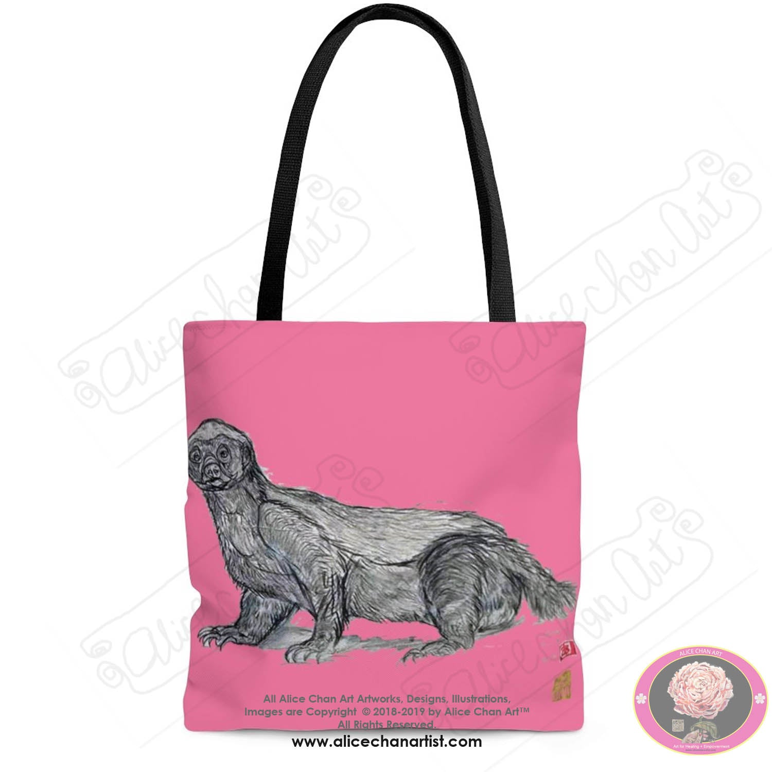 Pink Jambo, the Honey Badger, Art Square Tote Bag- Made in USA (Size: S,M,L) - alicechanart