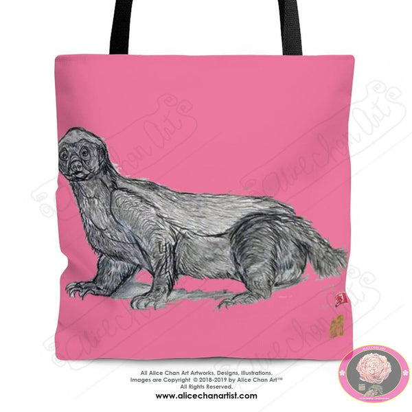 Pink Jambo, the Honey Badger, Art Square Tote Bag- Made in USA (Size: S,M,L) - alicechanart