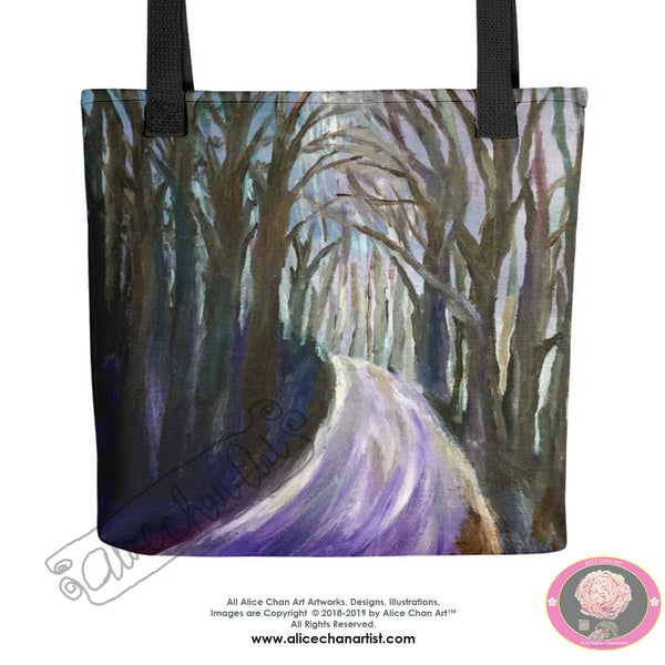 "Purple Hiking Trail", 15"x15" Square Hiking Themed Designer Tote Bag, Made in USA - alicechanart