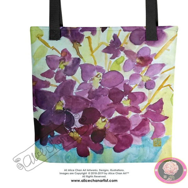 "Curious Exotic Wild Purple Orchids" 15"x15" Square Tote Bag, Made in USA/ Europe - alicechanart