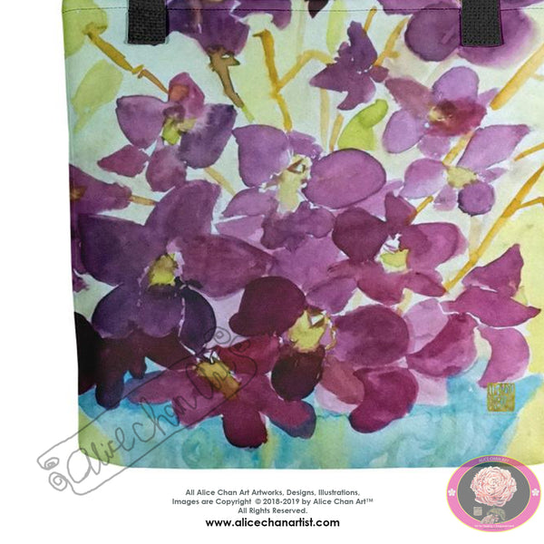 "Curious Exotic Wild Purple Orchids" 15"x15" Square Tote Bag, Made in USA/ Europe - alicechanart