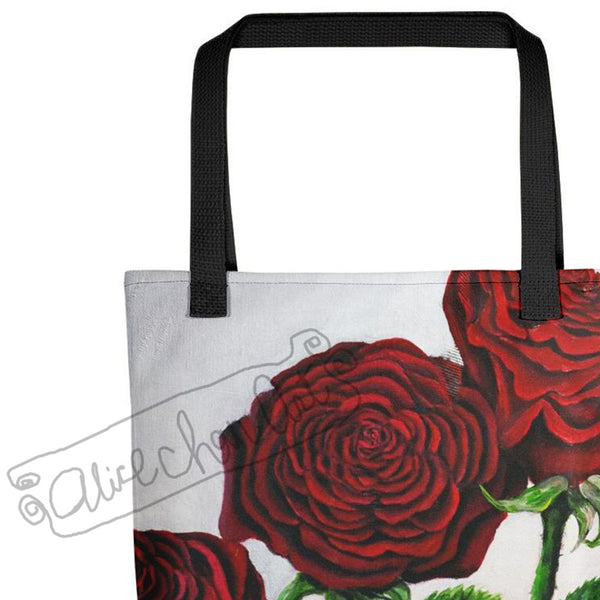 Triple Floral Red Roses in Silver, Floral Print 15"x15" Floral Print Tote Bag, Made in USA - alicechanart