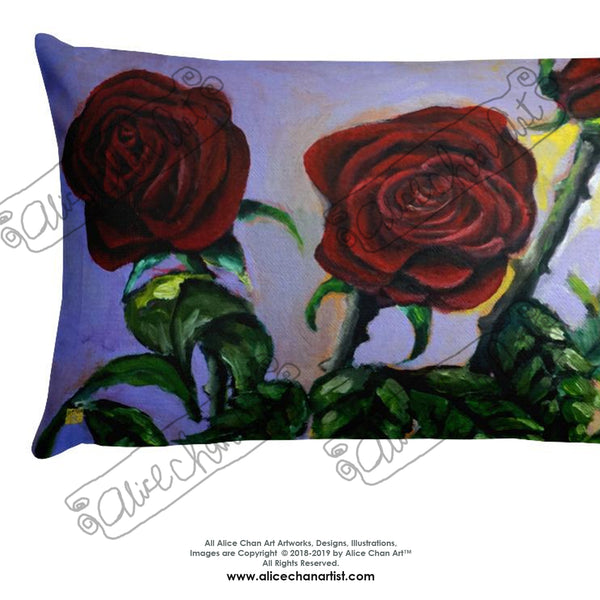 Red Roses in Purple Sky, Floral Rose Designer Basic Pillow, Made in USA - alicechanart