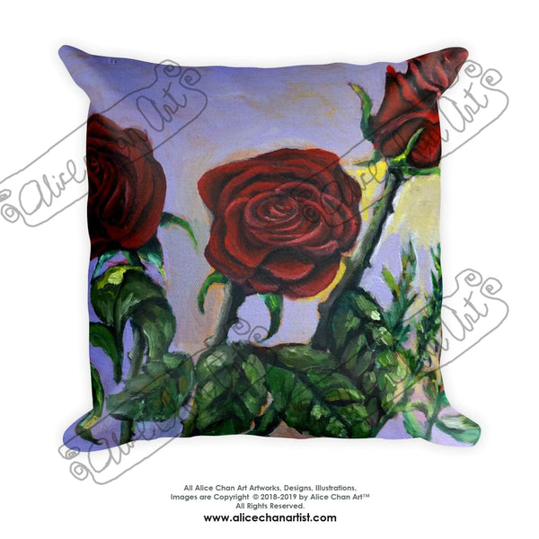 Red Roses in Purple Sky, Floral Rose Designer Basic Pillow, Made in USA - alicechanart