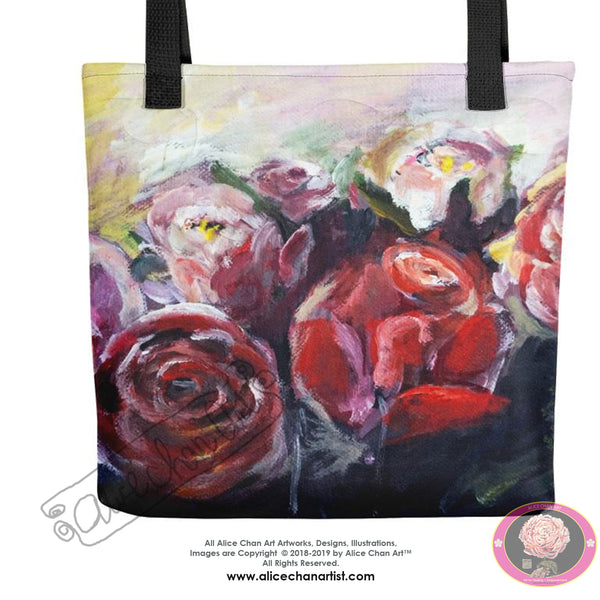 "French Red Roses", Floral Print, 15"x15" Designer Fine Art Tote Bag, Made in USA - alicechanart