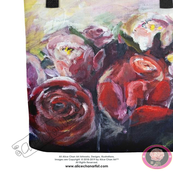 "French Red Roses", Floral Print, 15"x15" Designer Fine Art Tote Bag, Made in USA - alicechanart