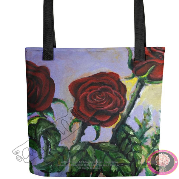 Red Roses in Purple Sky, 15"x15 Floral Rose Square Tote/ Recycled Bag, Made in USA - alicechanart