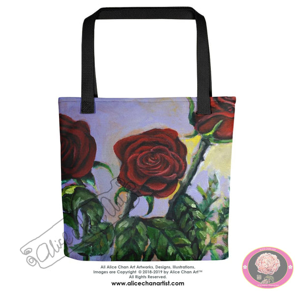 Red Roses in Purple Sky, 15"x15 Floral Rose Square Tote/ Recycled Bag, Made in USA - alicechanart