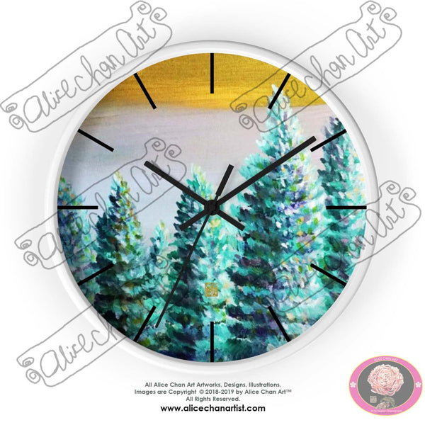 Trees in Golden Sky, 10" Diameter PNW Pine Trees Fine Art Wooden Wall Clock, Made in USA - alicechanart
