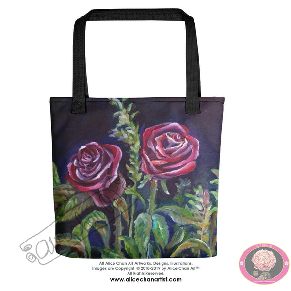 Mysterious Vampire Rose, 15"x15" Square Floral Print Tote Bag, Made in USA/ Europe - alicechanart