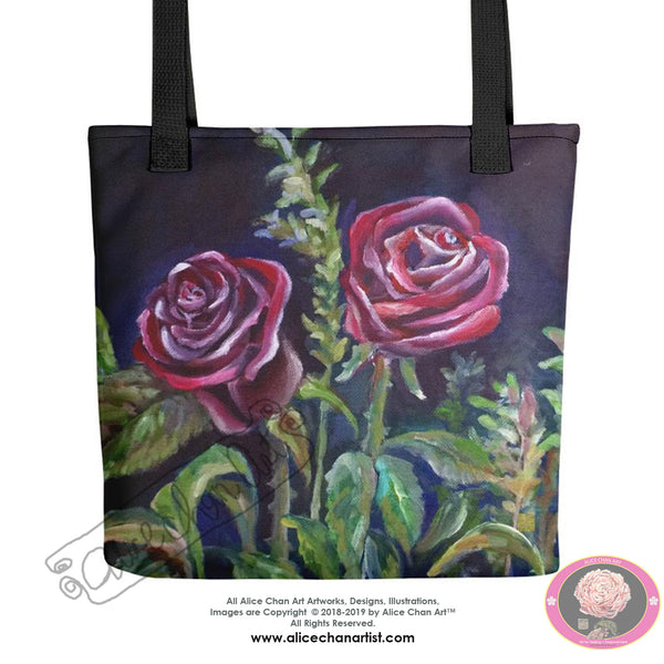 Mysterious Vampire Rose, 15"x15" Square Floral Print Tote Bag, Made in USA/ Europe - alicechanart