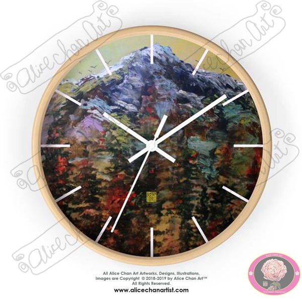 Mountain Rainier in Yellow Sky, 10" Diameter PNW Fine Art Wooden Wall Clock, Made in USA - alicechanart