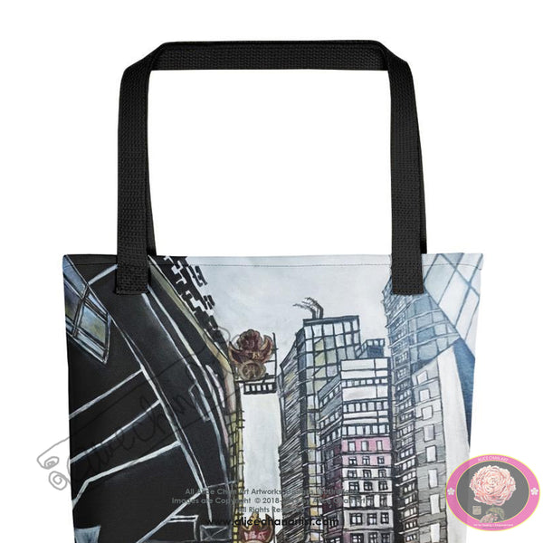 "Wanchai Street Scene", Designer Square Architecture 15"x15" Tote Bag, Made in USA - alicechanart