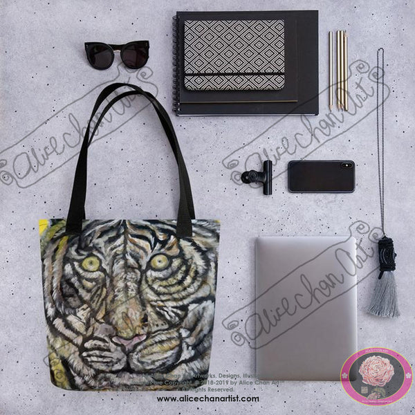 Blue-Eyed White Tiger, 15"x15" Designer Tote Bag, Made in USA - alicechanart