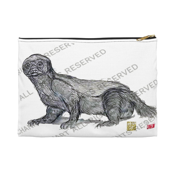 Honey Badger Cute White Small 9"x6" Or Large 12"x9" Size Flat Accessory Pouch- Made in USA - alicechanart