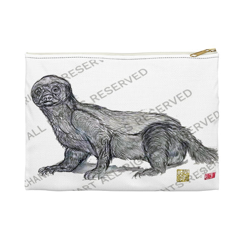 Honey Badger Cute White Small 9"x6" Or Large 12"x9" Size Flat Accessory Pouch- Made in USA - alicechanart