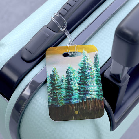 "Trees in Golden Sky", Pine Trees Glossy Lightweight Plastic Bag Tag, Made in USA - alicechanart