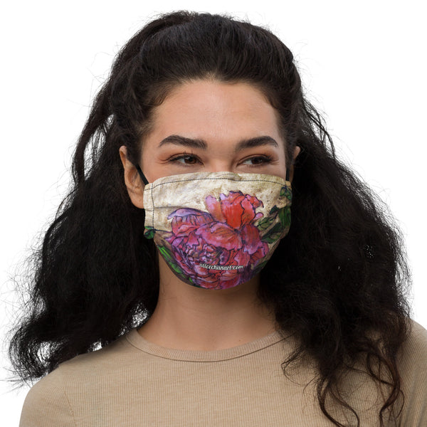 Pink Chinese Peonies Face Mask, Washable Premium Floral Contemporary Art Artistic Microfiber Adjustable Washable Reusable Polyesters Super Soft Non-Medical Decorative Designer Adult Face Mask-Made in USA/EU/MX, Classic Fine Art Mask, Bestselling Artistic Face Mask, Artsy Premium Luxury Face Mask