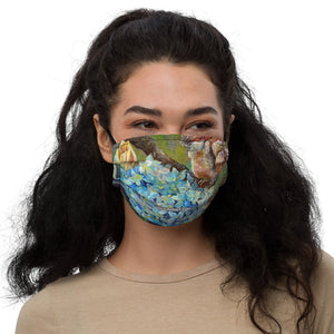Blue Hydrangea Face Mask, Bird and Hydrangea Floral Art Artistic Microfiber Adjustable Washable Reusable Polyesters Super Soft Non-Medical Decorative Designer Adult Face Mask-Made in USA/EU/MX, Classic Fine Art Mask, Bestselling Artistic Face Mask, Artsy Premium Luxury Face Mask