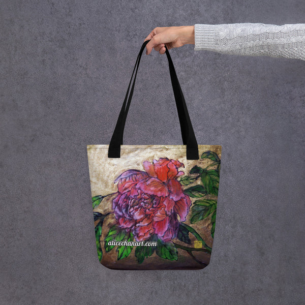 Chinese Peonies Floral Tote Bag, Peonies Floral Rose Print Designer Tote Art Bag, Square Size 15"x15" Luxury Premium Quality Machine Washable Eco-Friendly Reusable Washable Art Market Bag- Made in USA/EU/ Mexico