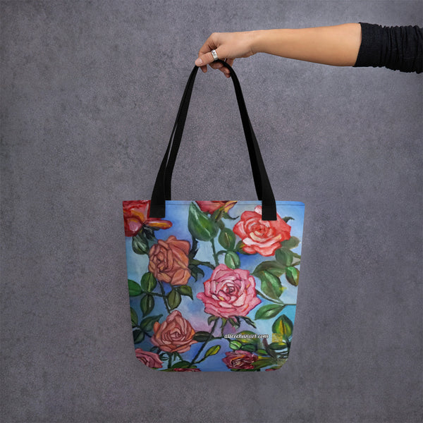 Pink Roses in Blue Tote - Made in USA/EU