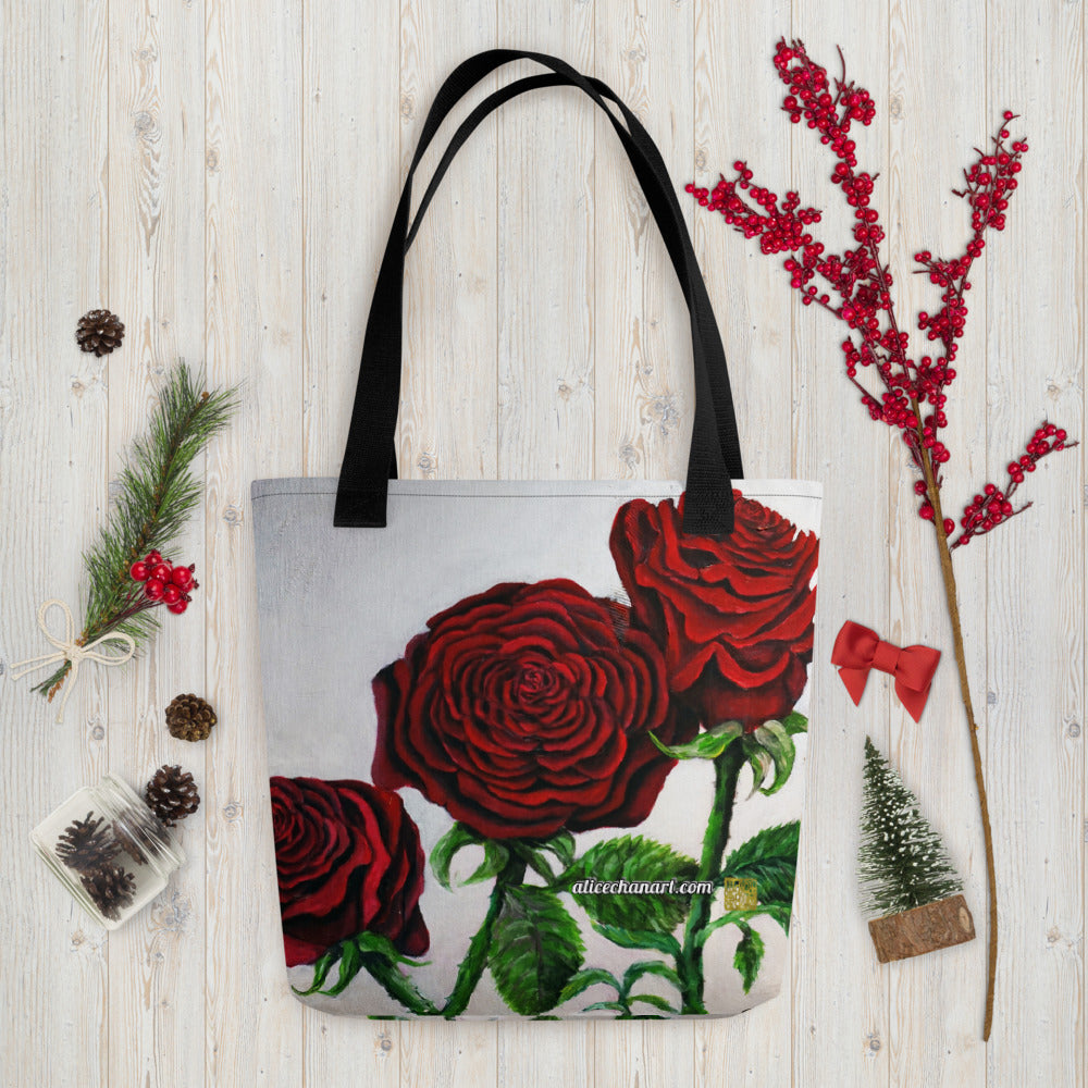 Silver Red Roses Floral Tote - Made in USA/EU
