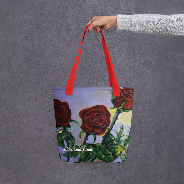 Red Rose Floral Tote Bag, Flower Market Bag - Made in USA/EU