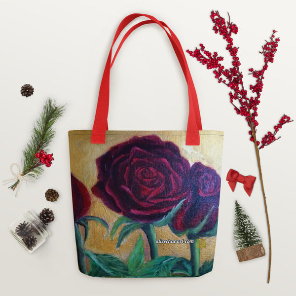 Golden Red Roses Floral Tote - Made in USA/EU/MX