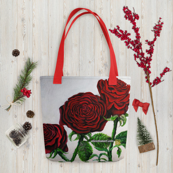 Silver Red Roses Floral Tote - Made in USA/EU