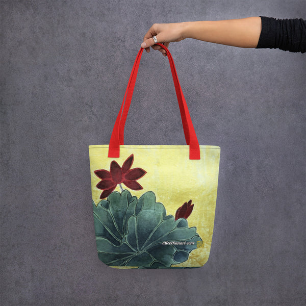 Red Lotus Floral Tote Bag, Flower Asian Chinese Contemporary Ink Art Market Bag, 15"x15" Square Abstract Art Print Designer Tote Bag, Made in USA/ Europe/ Mexico