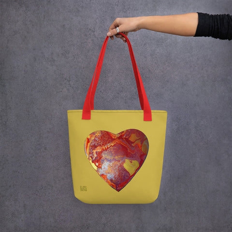 Empathy Hearts Art Tote Bag, Compassionate Colorful Red Hearts Artistic 15"x15" Polyester Square Washable Tote With Strong Durable Cotton Bull Denim handles- Made in USA/EU