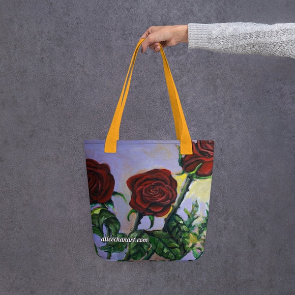 Red Rose Floral Tote Bag, Flower Market Bag - Made in USA/EU