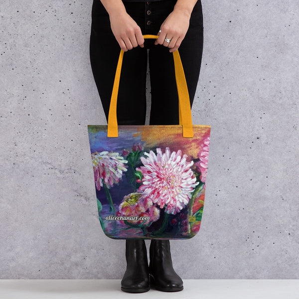 Purple Daisies Floral Tote Bag, Pink Daisies Floral Print Designer Flower Tote Bag, Square Size 15"x15" Luxury Premium Quality Machine Washable Eco-Friendly Reusable Washable Art Market Bag- Made in USA/EU/ Mexico