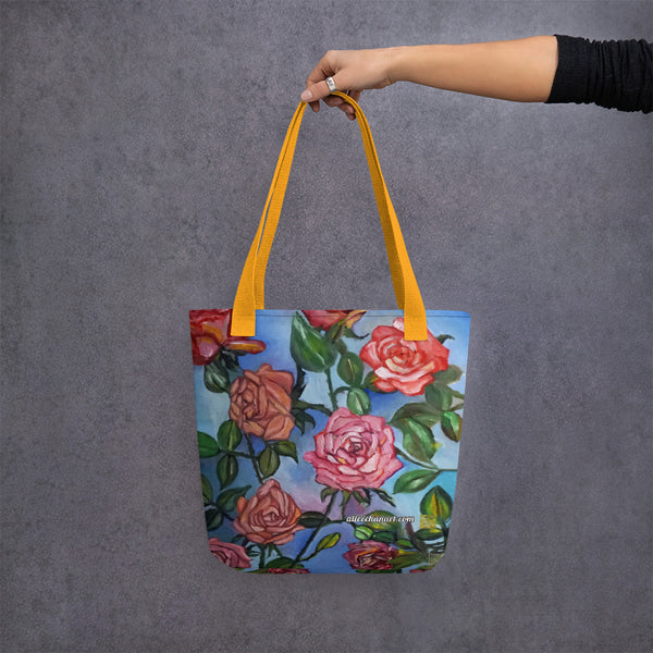 Pink Roses in Blue Tote - Made in USA/EU