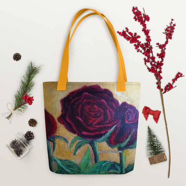 Golden Red Roses Floral Tote - Made in USA/EU/MX
