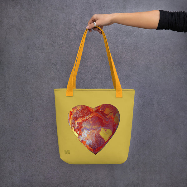 Empathy Hearts Art Tote Bag, Compassionate Colorful Red Hearts Artistic 15"x15" Polyester Square Washable Tote With Strong Durable Cotton Bull Denim handles- Made in USA/EU