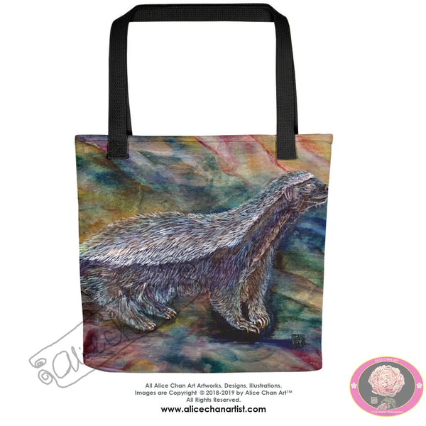 Cute Honey Badger Chasing Bees, Wild Life15"x15" Square Tote Bag, Made in USA - alicechanart