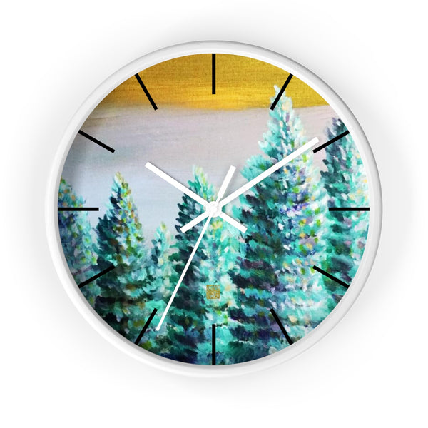 Trees in Golden Sky, 10" Diameter PNW Pine Trees Fine Art Wooden Wall Clock, Made in USA - alicechanart