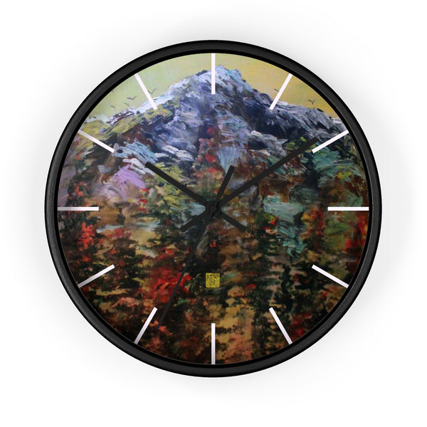 Mountain Rainier in Yellow Sky, 10" Diameter PNW Fine Art Wooden Wall Clock, Made in USA - alicechanart