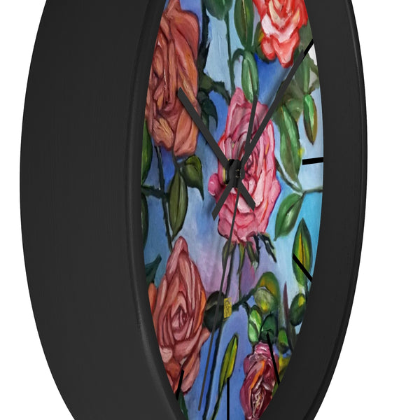Pink Rose In Blue Sky, Floral Unique Modern Large 10" Wall Clock, Made In USA - alicechanart