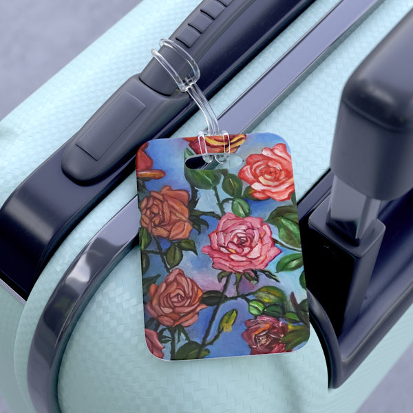 Pink Roses in Blue Sky, Rose Floral, Glossy Lightweight Plastic Bag Tag, Made in USA - alicechanart