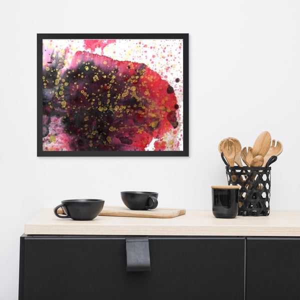 Deep Red Abstract Framed Print, Bright Color Home Office Designer Decor- Pink Fireworks Iconic Chinese Ink Red Abstract Framed Art Print, Contemporary Chinese Ink Art Poster Print Home or Office Decor -Made in USA/EU/MX