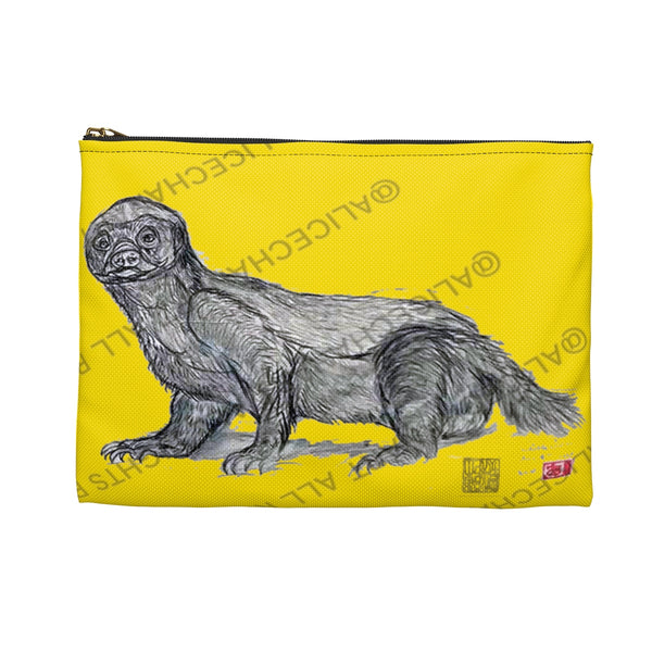 Lemon Yellow Honey Badger Cute Small 9"x6" Or Large 12"x9" Size Flat Accessory Pouch- Made in USA - alicechanart