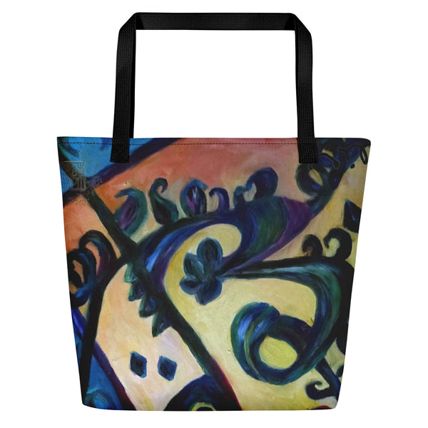 "Red Rose Abstraction of Strength in Arabic", Abstract Art 16"x20" Large Beach Bag - alicechanart