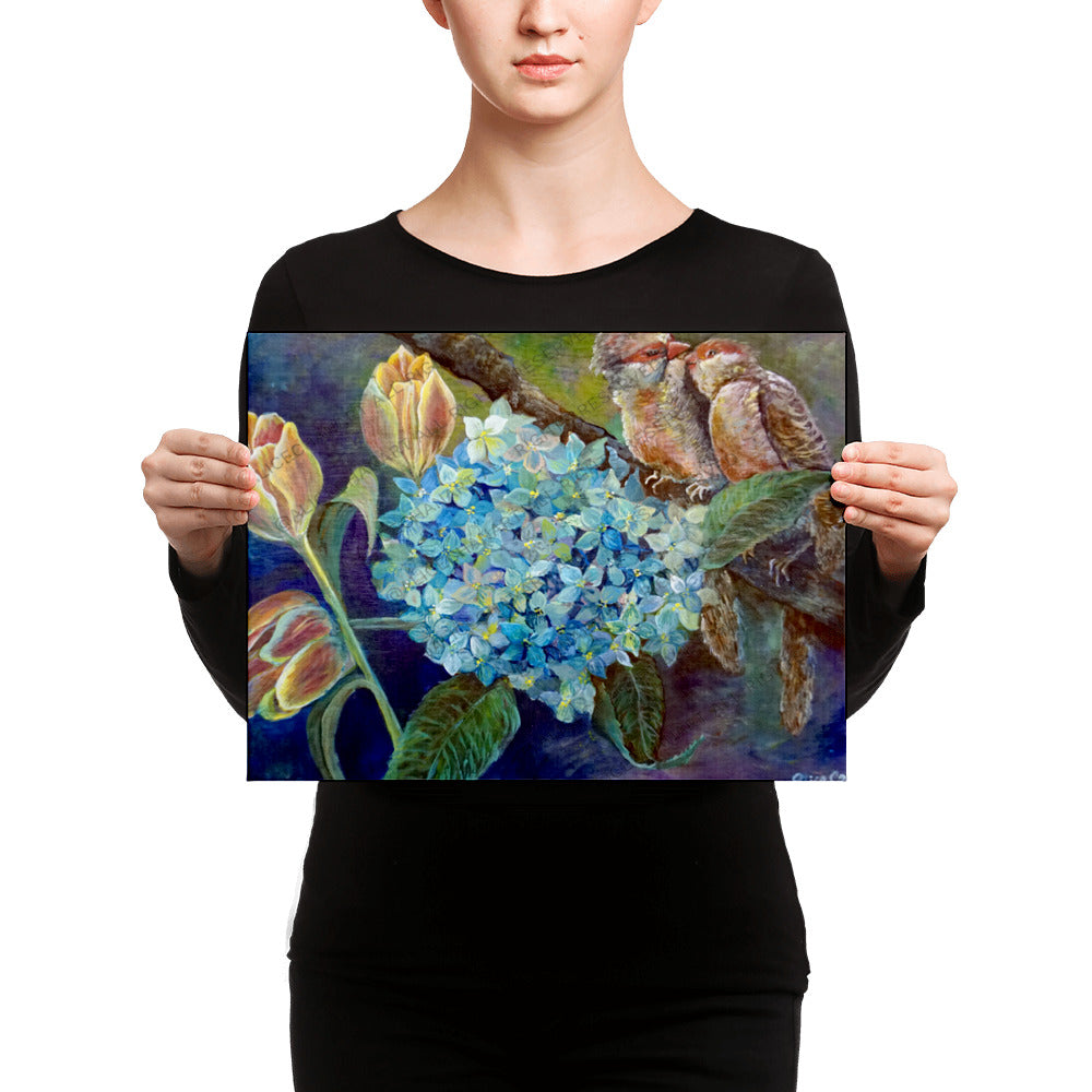 "Morning Chirping Bird,"  2018, Wildlife Bird Art, Blue Hydrangea, Canvas Art Print, Made in USA - alicechanart