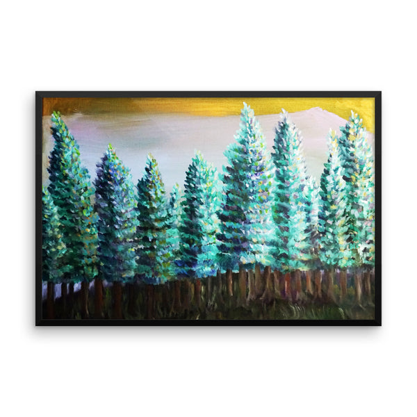 "Trees in Golden Sky", Mountain Pine Trees, Framed Poster, Made in USA - alicechanart