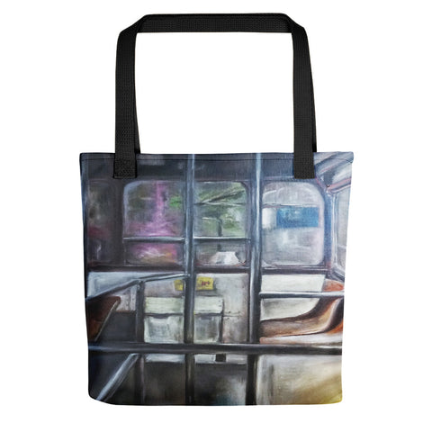 "Tram Interior Scene", 15"x15" Square Hong Kong Designer Tote Bag, Made in USA - alicechanart