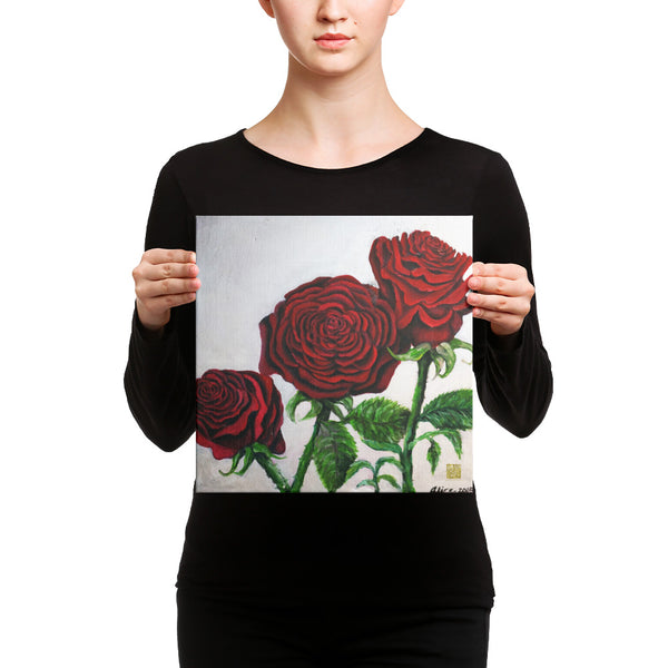 Elegant Triple Red Roses in Silver, Canvas Art Print, Red Rose Floral Fine Art, Made in USA - alicechanart