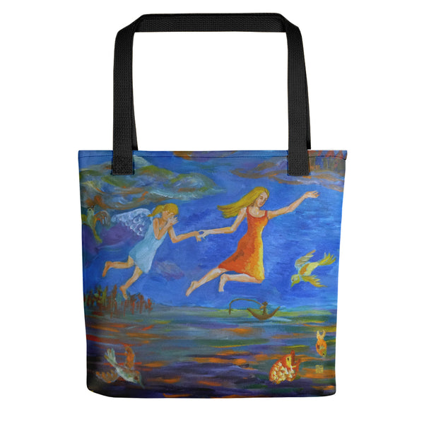 Angels From Heaven, Designer 15"x15" Square Surrealist Fine Art Tote Bag,Made in USA - alicechanart