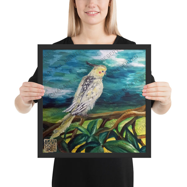 Cockatiel White Parrot Resting On A Tree Branch, Framed Poster, Made in USA - alicechanart
